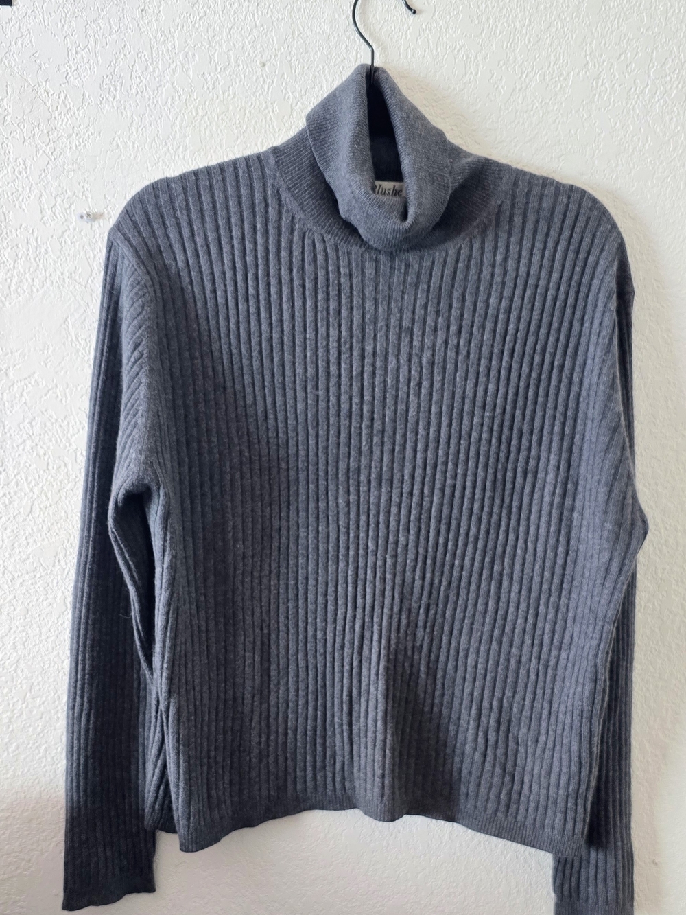 Silk Cashmere Blend Gray Ribbed Turtleneck Sweater